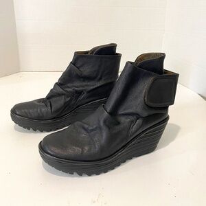 Fly London black leather wedge booties EU size 39